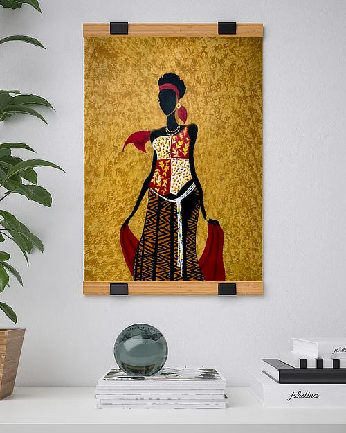 IKEA Visbaeck bamboo rolled print poster hanger with a print by Sonia Malboeuf