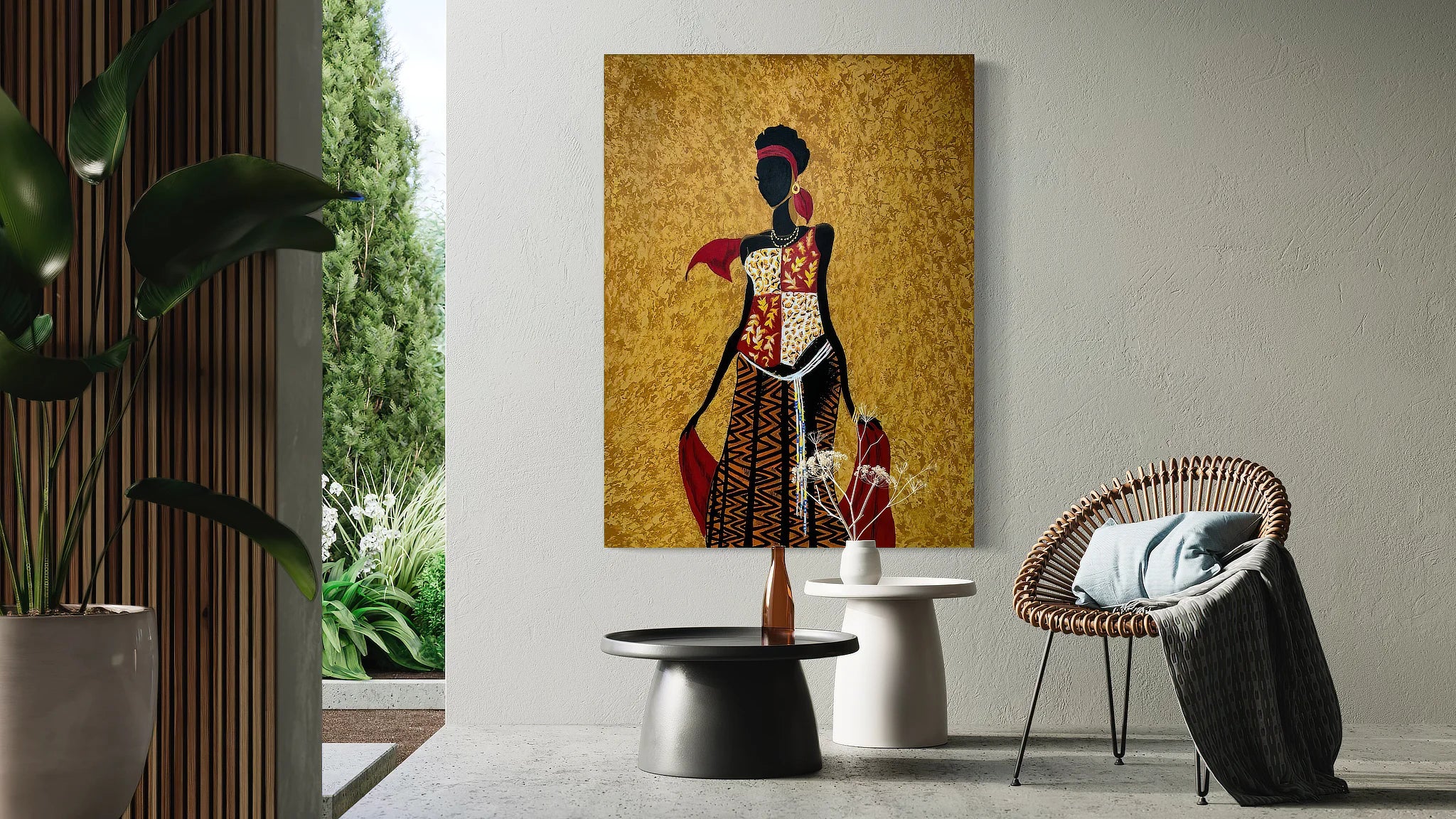 ChromaLuxe® | HD Metal print by Sonia Malboeuf hanging outside by a patio.