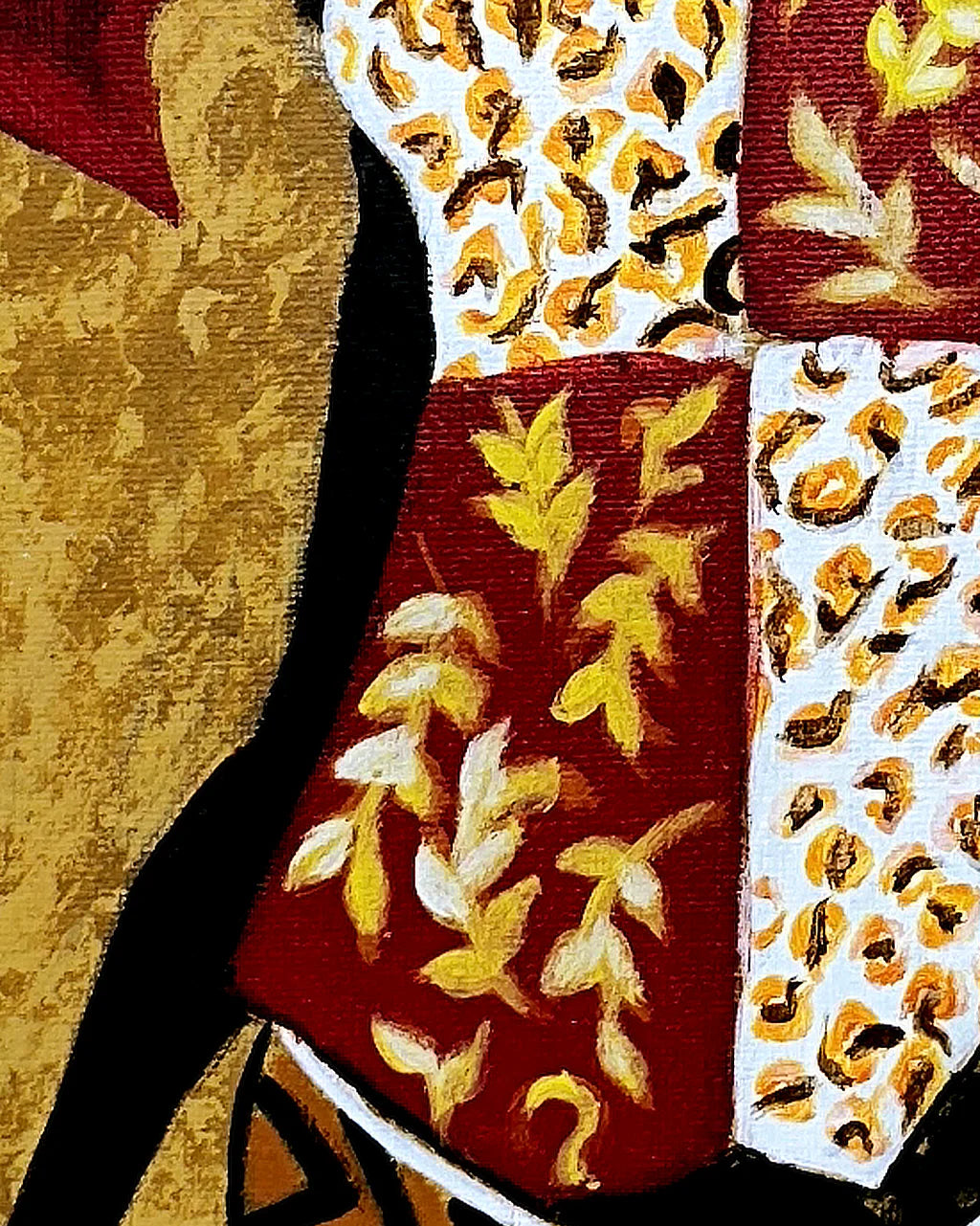 Macro detail of African Beauty-Chi original painting showing textured brushwork and unique layered background.