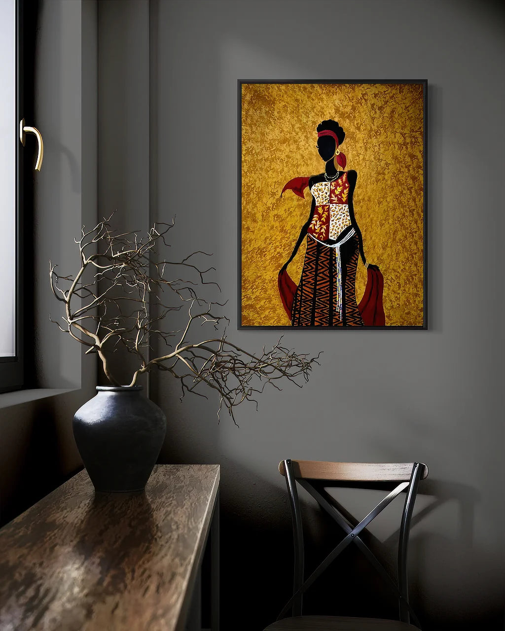African Beauty-Chi original painting by Sonia Malboeuf  in black floating frame displayed in a collector’s home.