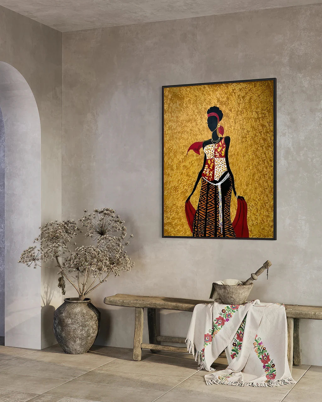 A limited edition contemporary modern art print named-Chi by Sonia Malboeuf hanging in an entrance way over wooden bench | Sonia Malboeuf