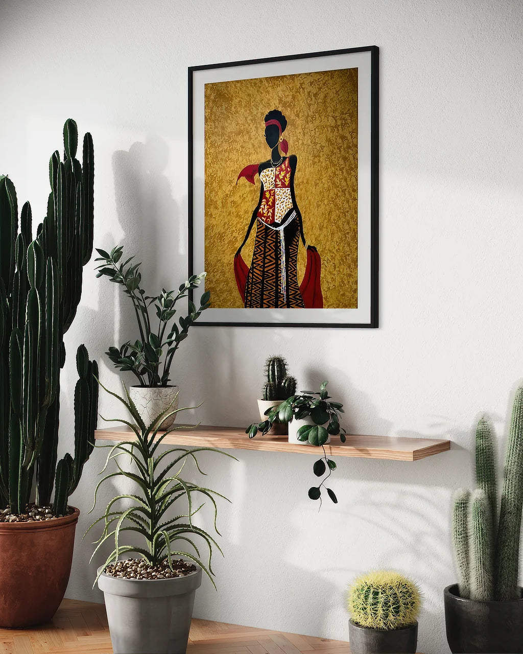 A limited edition contemporary modern art print named-Chi hanging over a shelf with potted plants in front | Sonia Malboeuf