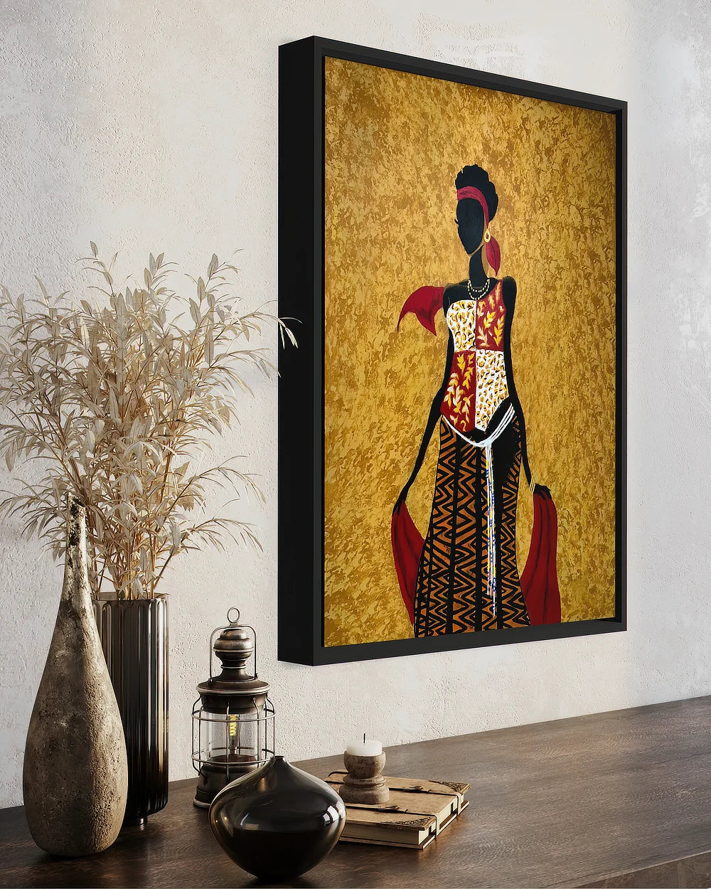 African Beauty Chi, Framed museum wrap print hanging over wood table in hallway | Sonia Malboeuf