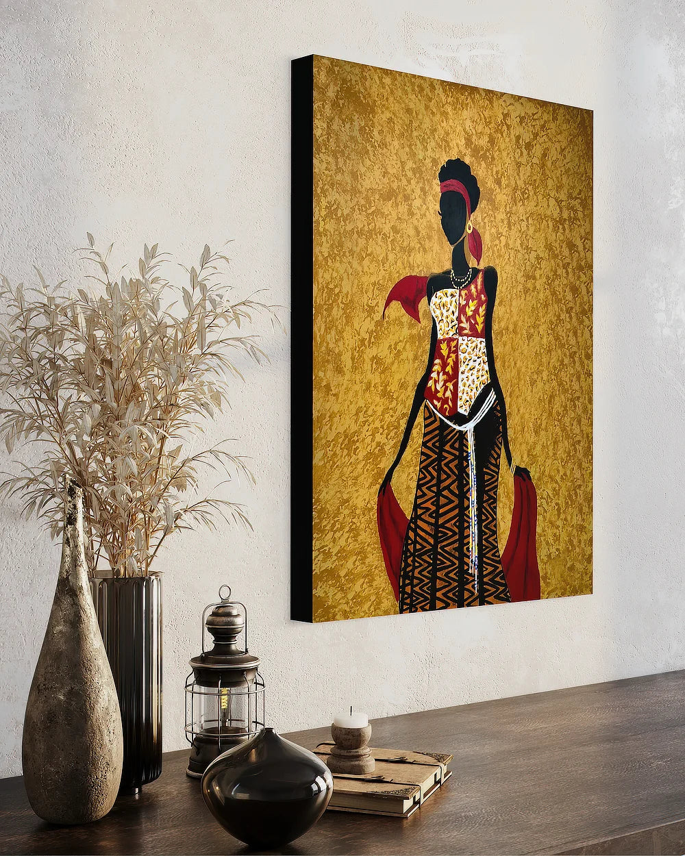 African Beauty Chi, Framed museum wrap print hanging over wood table in hallway | Sonia Malboeuf