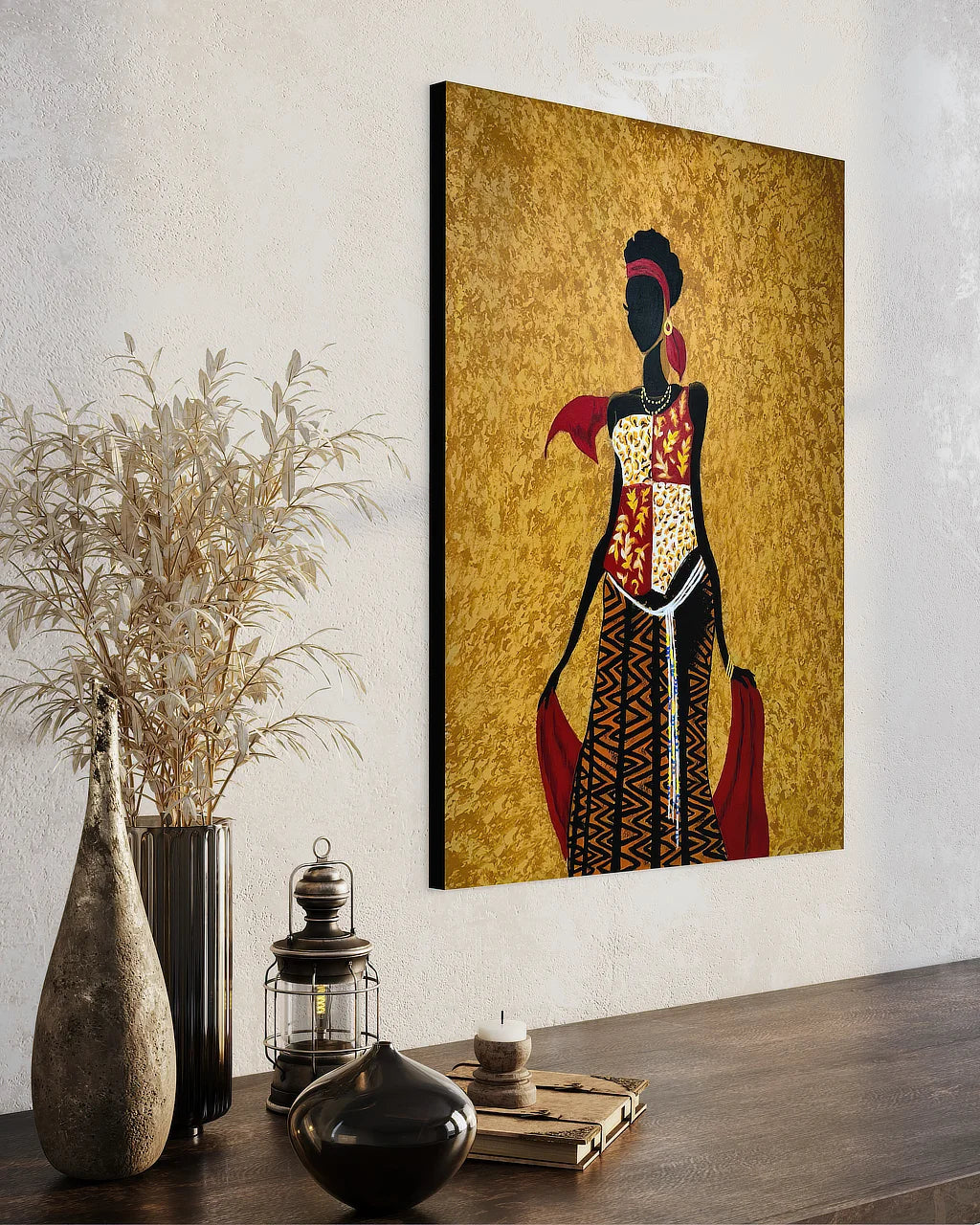 African Beauty Chi,unframed museum wrap print hanging over wood table in hallway | Sonia Malboeuf
