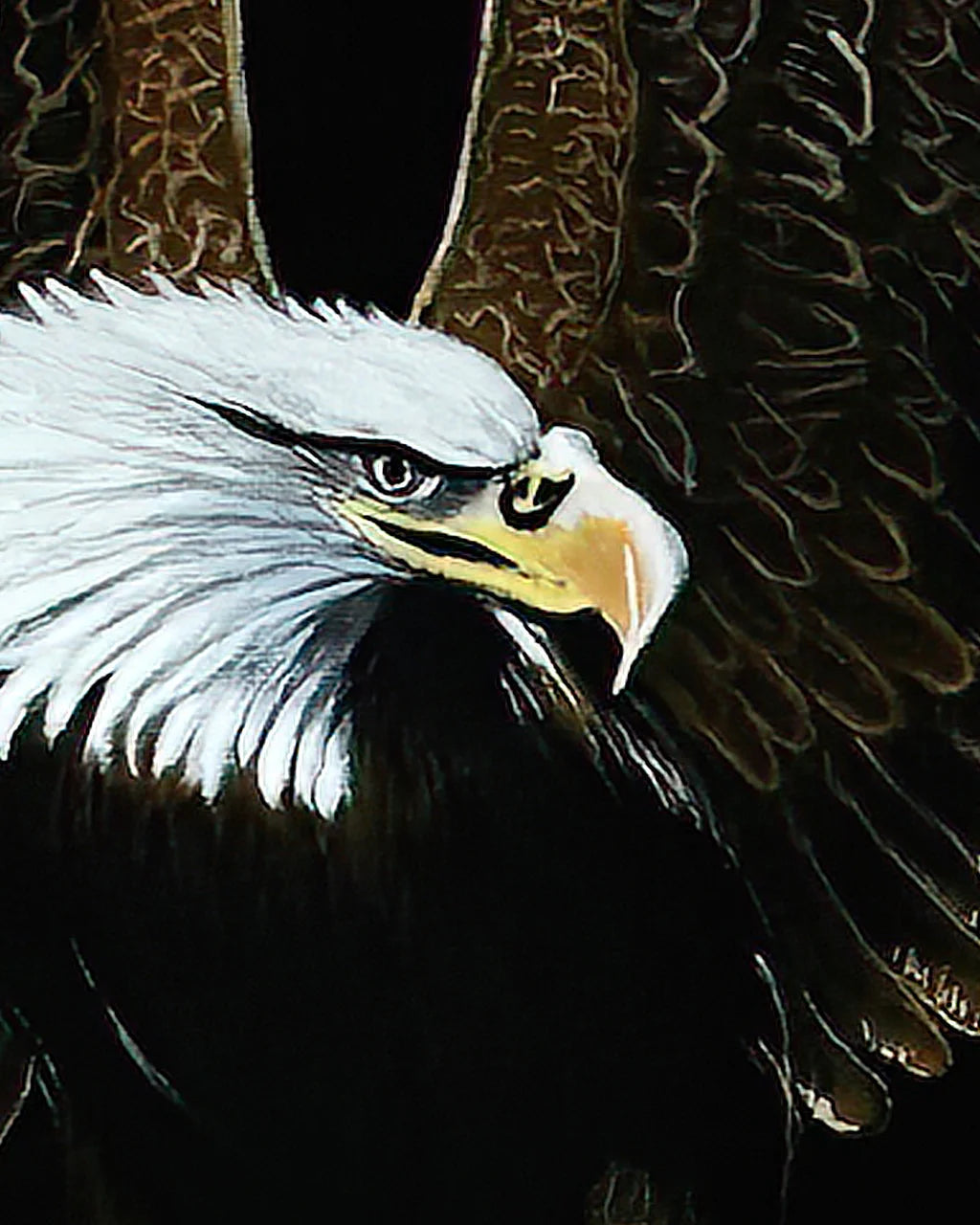 Macro detail of Bald Eagle-Valiant BLACK Canvas Originals painting by Sonia Malboeuf, close-up brushwork detail.