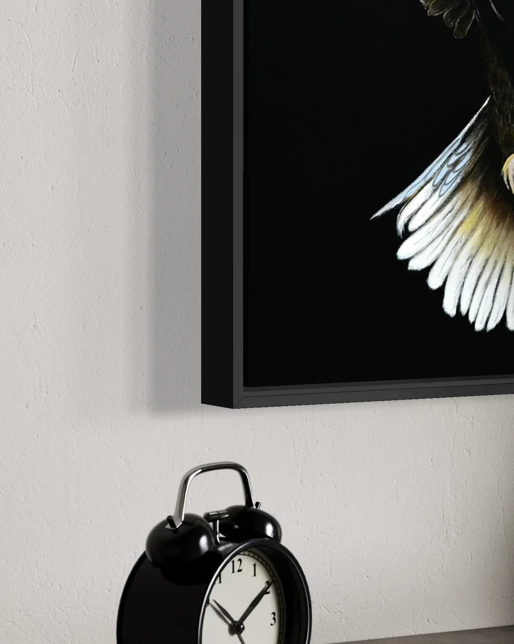 Floating frame detail of Bald Eagle-Valiant BLACK Canvas Originals painting by Sonia Malboeuf, showing float profile.