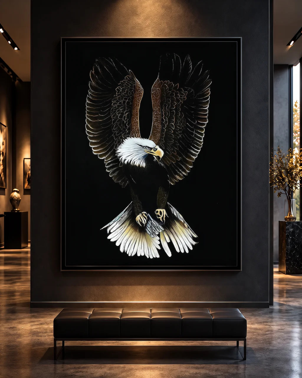 Bald Eagle-Valiant BLACK Canvas Originals painting (72x54 inches) by Sonia Malboeuf, gallery exhibition.