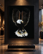 Bald Eagle-Valiant BLACK Canvas Originals painting (72x54 inches) by Sonia Malboeuf, gallery exhibition.