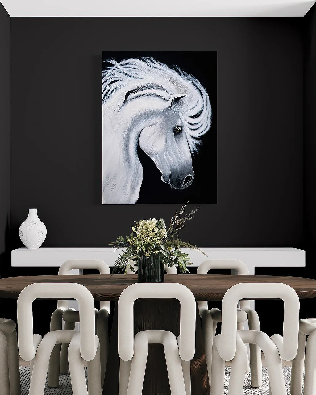 White horse print by Sonia Malboeuf hanging over dining room table
