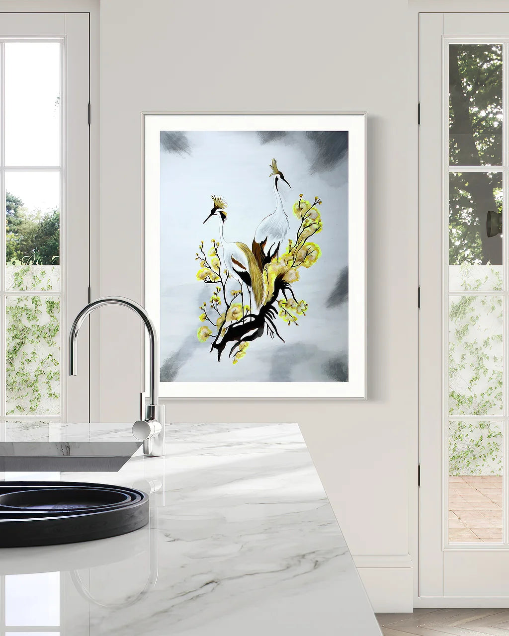 Cranes-not talking print by Sonia Malboeuf hanging in kitchen
