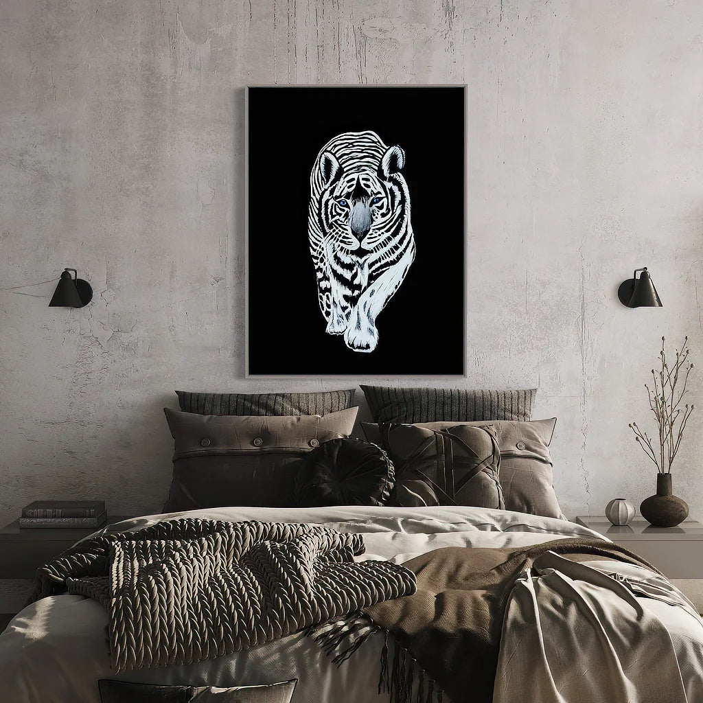 White Siberian tiger print by Sonia Malboeuf on wall in bedroom