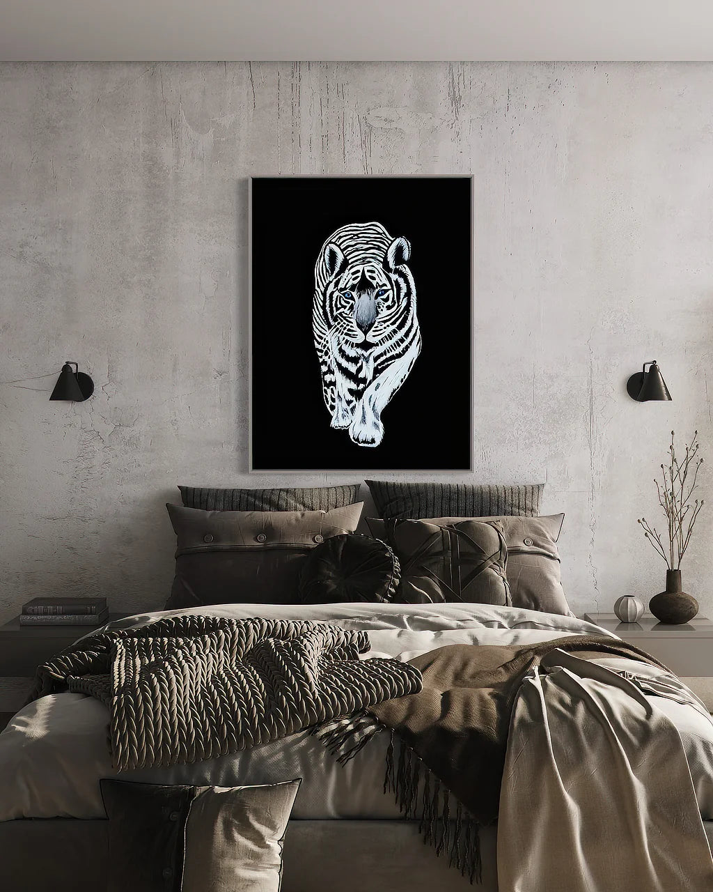 White Siberian tiger print by Sonia Malboeuf on wall in bedroom