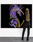 Olivia admiring Becoming Me BLACK Canvas Originals art print framed (54x72 inches), landscape art in gallery.