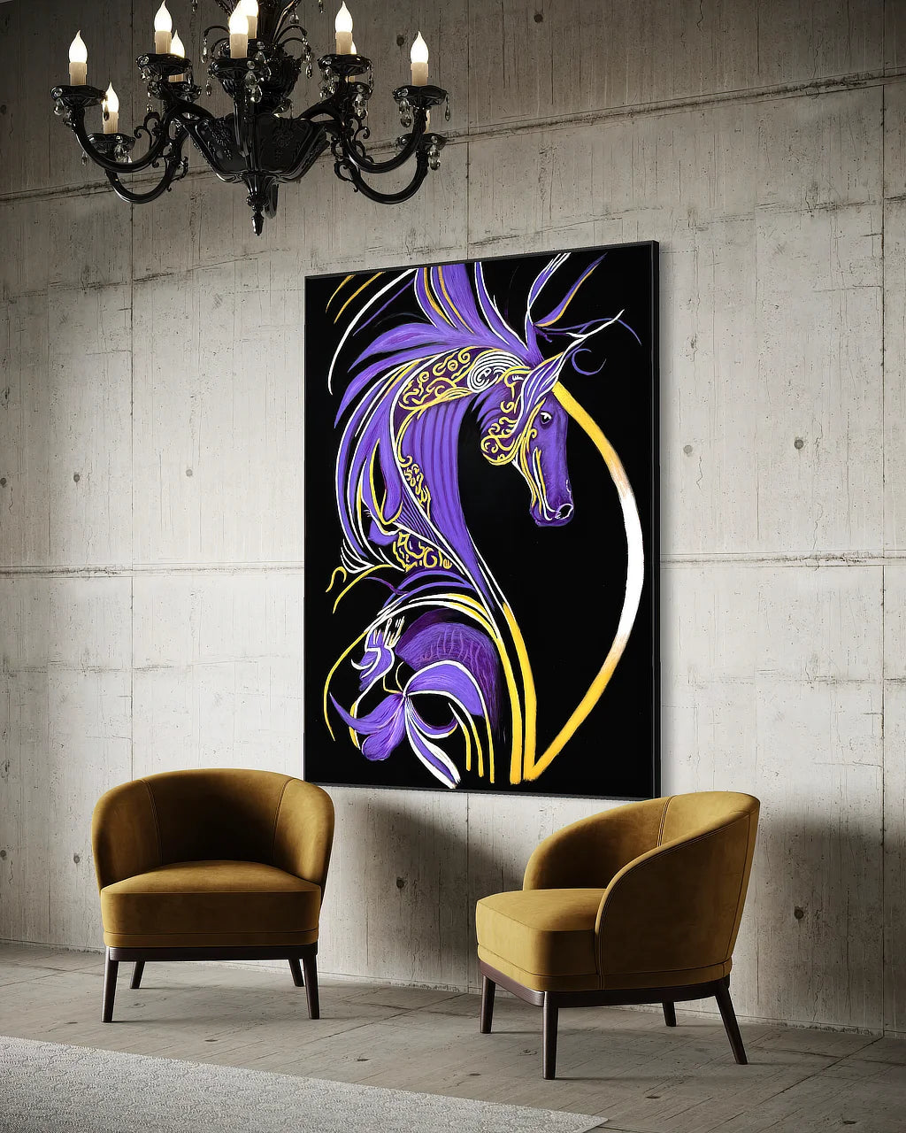 Becoming Me BLACK Canvas Originals art print (72x54 inches), in modern reception area.
