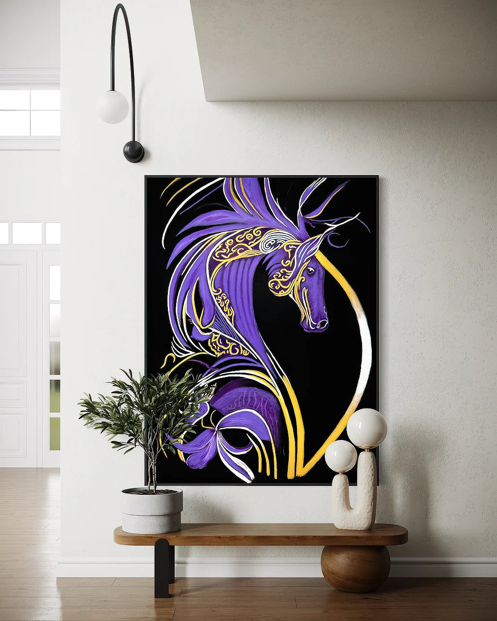 Becoming Me BLACK Canvas Originals canvas art print (60x45 inch), in hallway with modern table.