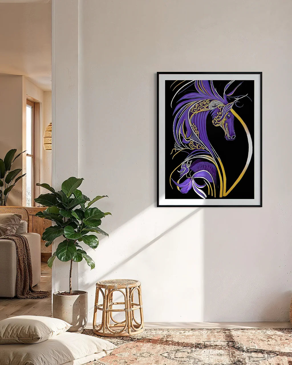 Becoming Me BLACK Canvas Originals fine art matte paper print (40x30 inches), in residential family room.