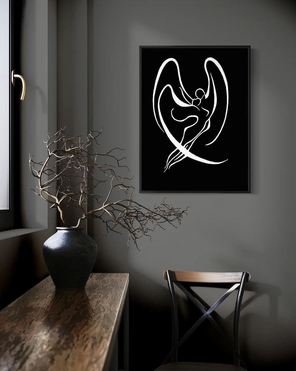 Celestial Lovers original painting by Sonia Malboeuf in black floating frame displayed in a collector’s home.