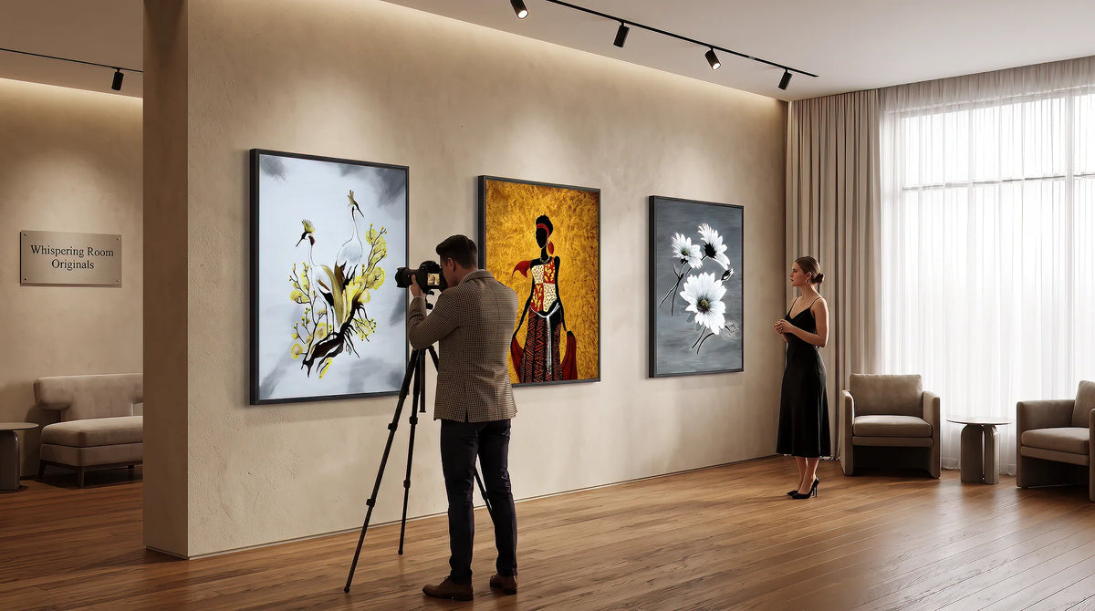 Whispering Room Originals floating frame DREAM the Magic art prints, in intimate museum setting.