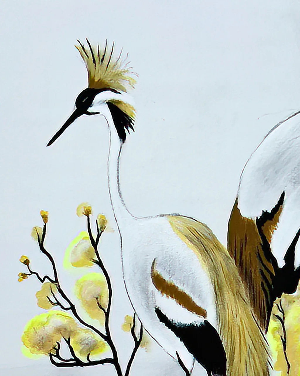 Macro detail of Cranes-Not Talking original canvas painting by Sonia Malboeuf, close-up brushwork detail.