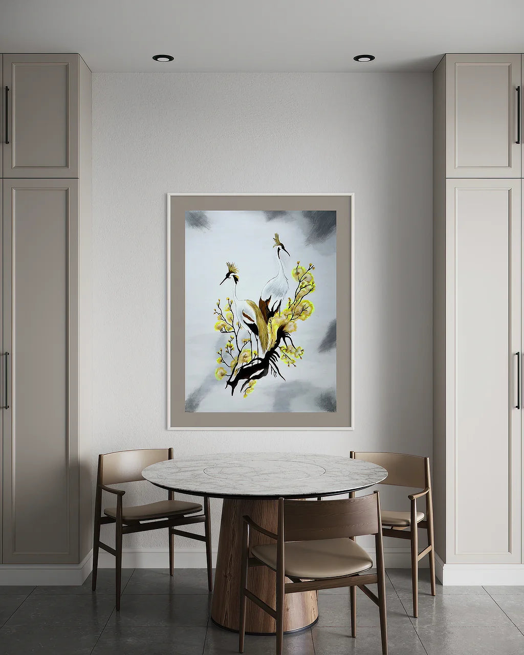 Cranes-not talking paper print by Sonia Malboeuf hanging by dining room