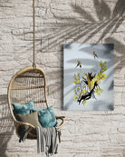 Cranes not-talking HD metal print hanging outside by wicker hanging chair