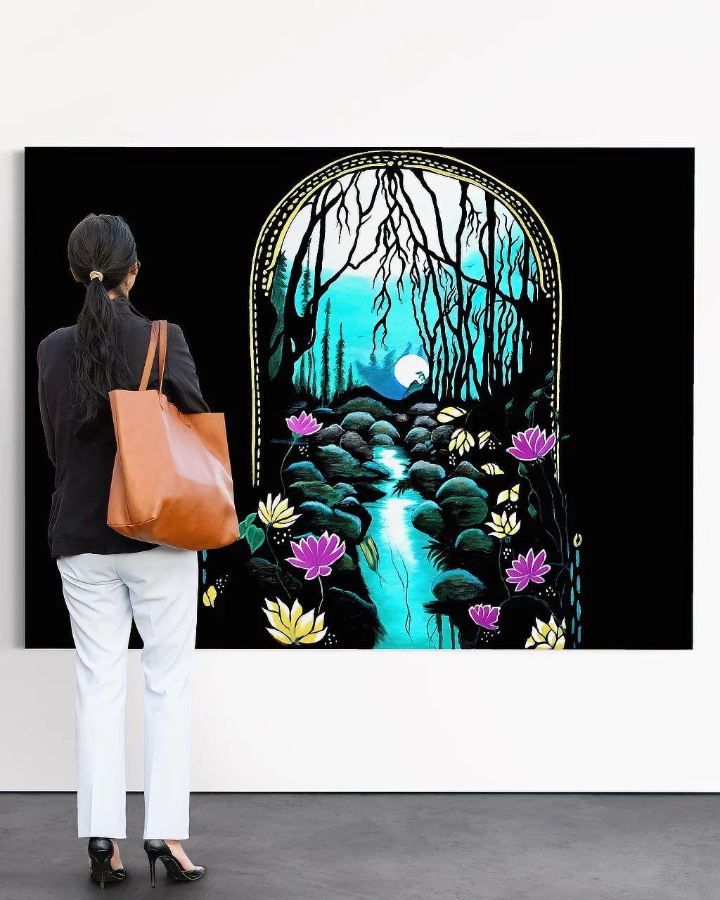 Jennifer admiring Enchanted Brook BLACK Canvas Originals art print framed (54x72 inches), in art gallery.