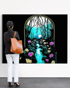 Jennifer admiring Enchanted Brook BLACK Canvas Originals art print framed (54x72 inches), in art gallery.
