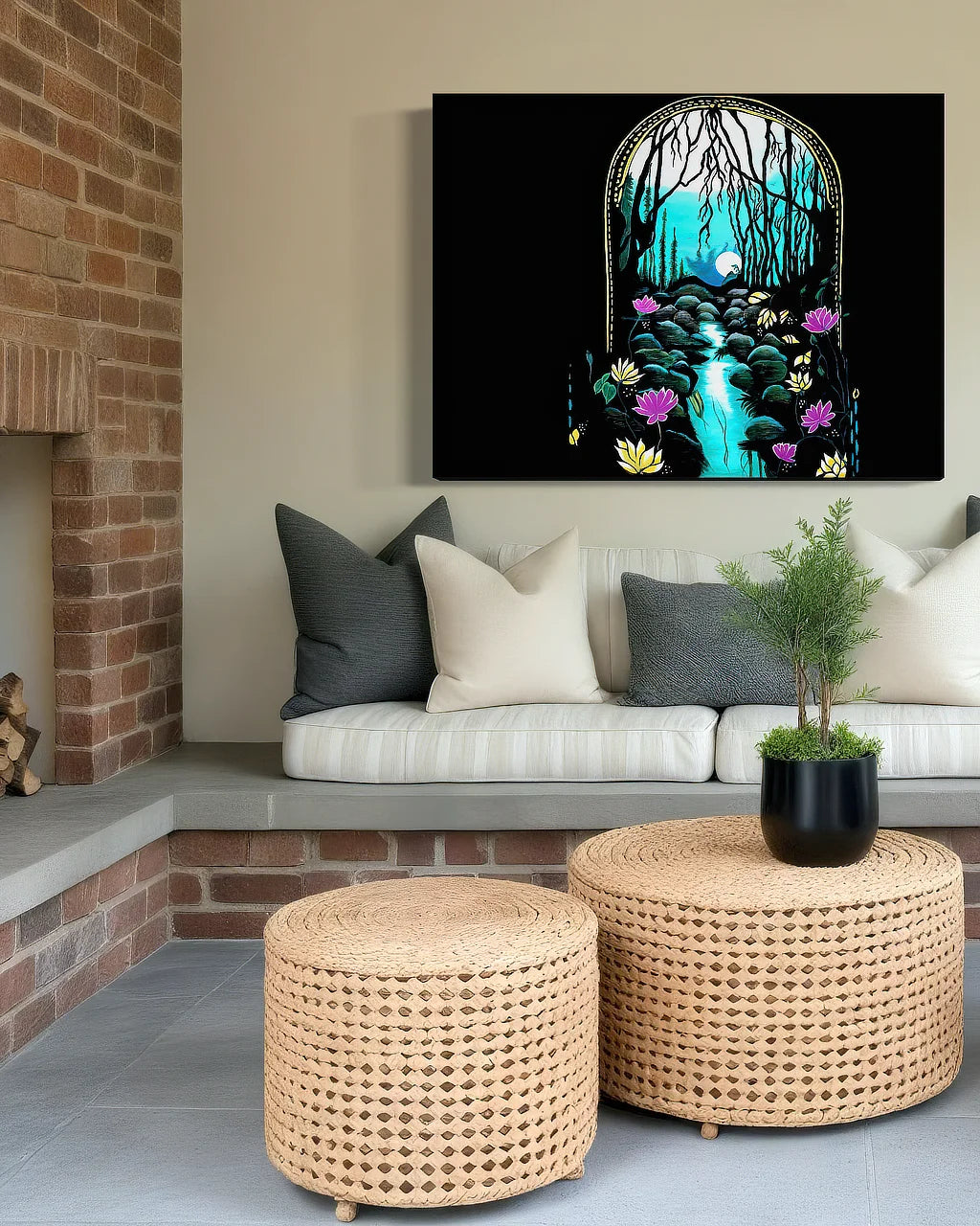 Enchanted Brook BLACK Canvas Originals  Chromaluxe® HD Metal indoor/outdoor wall art (36x48 inches), in patio area.
