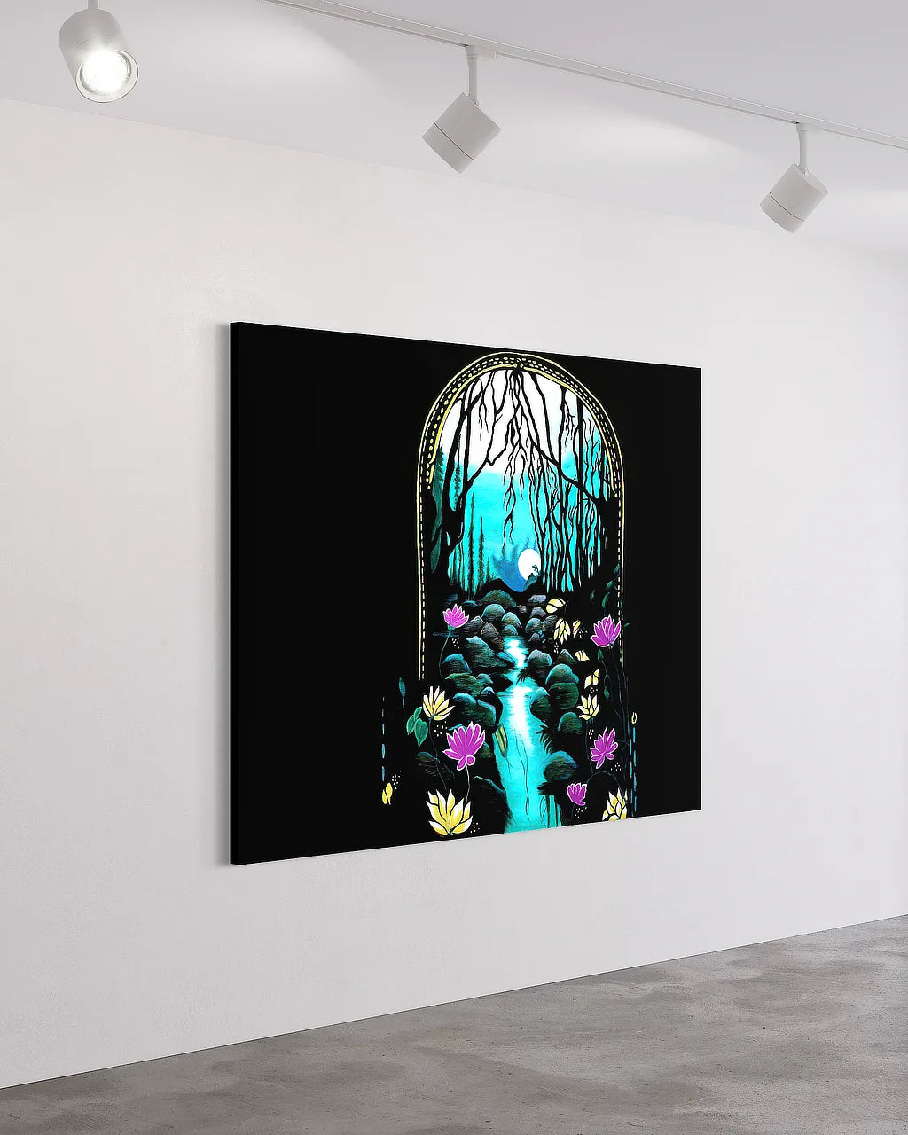 Enchanted Brook BLACK Canvas Originals museum wrap art print (54x72 inches), on studio wall.