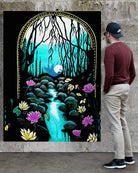 Noah looking at Enchanted Brook, BLACK Canvas Originals museum wrap art print (72x54 inches), on museum stonewall.
