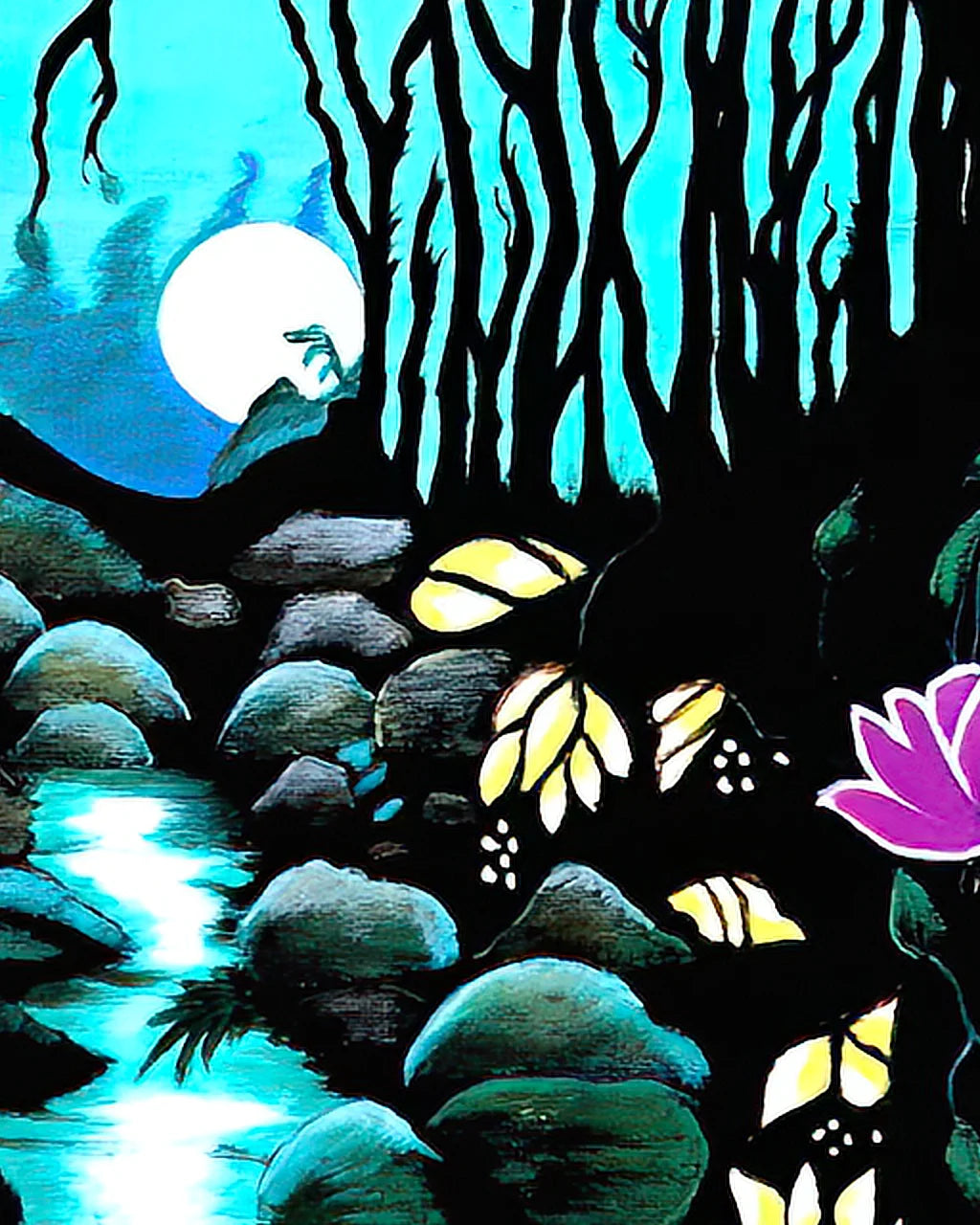 Macro detail of Enchanted Brook BLACK Canvas Originals painting by Sonia Malboeuf, close-up brushwork detail.