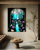Enchanted Brook BLACK Canvas Originals art print in black floating frame (72x54 inches), in modern residential living room.