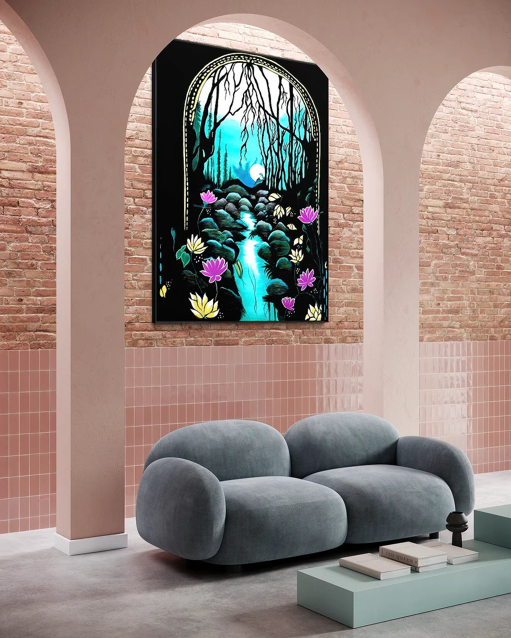 Enchanted Brook BLACK Canvas Originals art print (72x54 inches), displayed in modern architectural reception space.