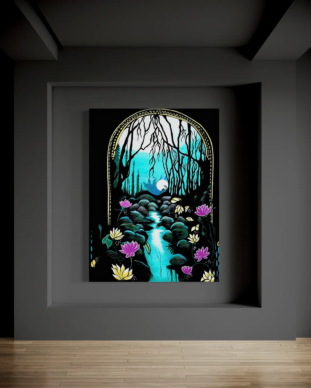 Enchanted Brook BLACK Canvas Originals painting (72x54 inches) by Sonia Malboeuf, gallery exhibition.