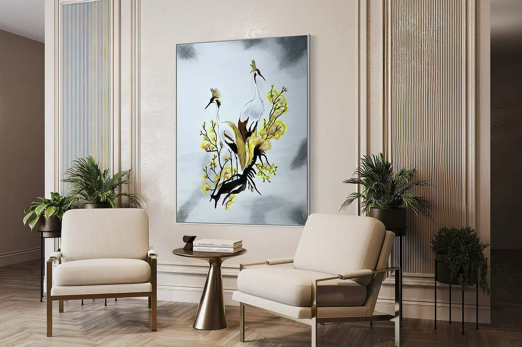 Canvas print by Sonia Malboeuf of Cranes-Not Talking in lobby.