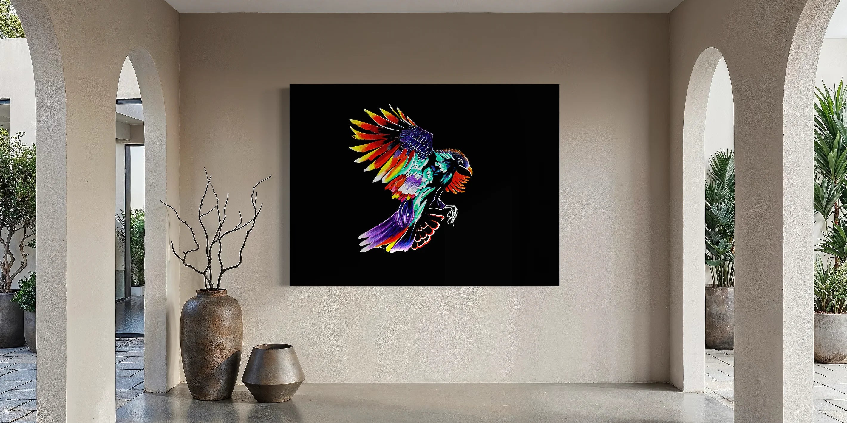 Rise Up BLACK Canvas Originals Chromaluxe® HD Metal outdoor wall art (54x72 inches), in patio area.