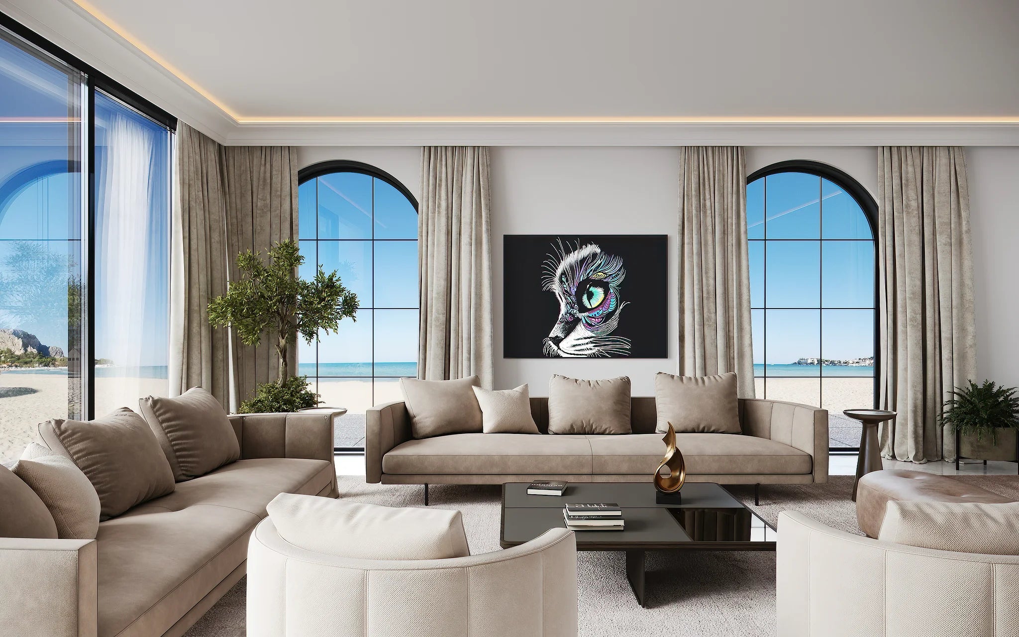 Modern living room with beige sofas, a coffee table, and a large window view.
