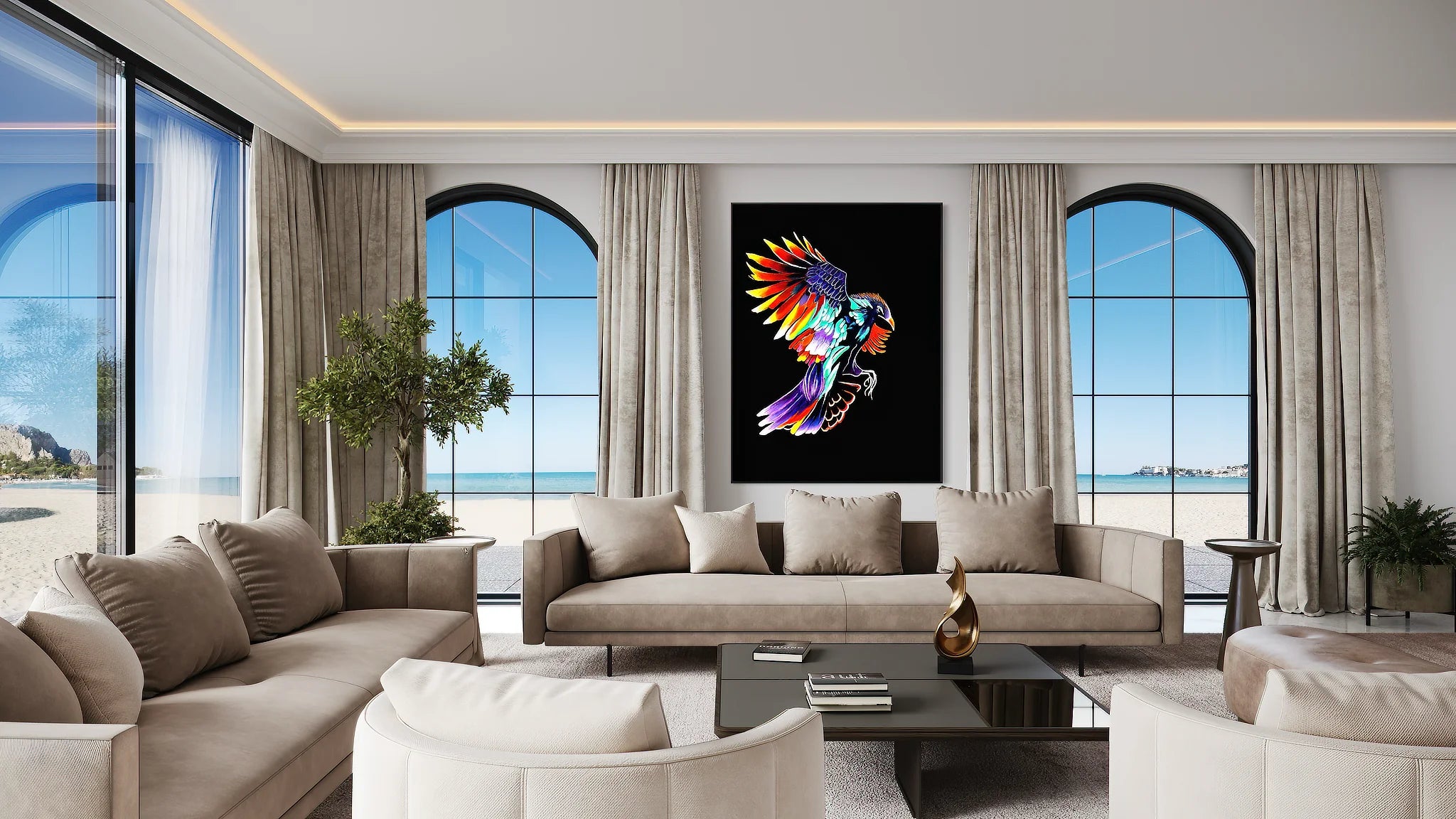Modern living room with a painting called Aurora in a floating frame over beige sofa with coffee table.