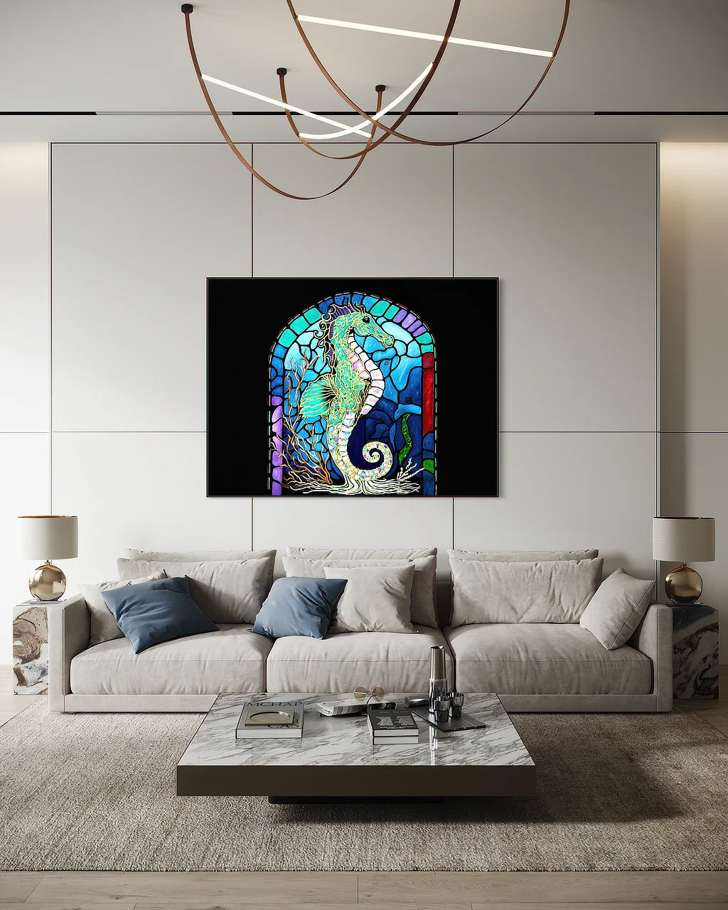 Keeper of the Blue Realm BLACK Canvas Originals art print (54x72 inches), landscape statement print in condo.