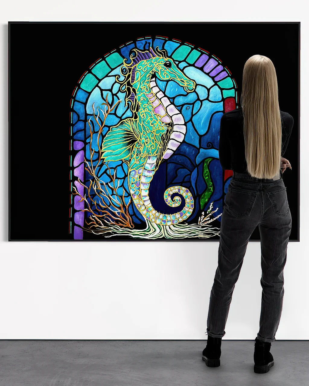 Olivia admiring Keeper of the Blue Realm
 BLACK Canvas Originals art print framed (54x72 inches), landscape art in gallery.