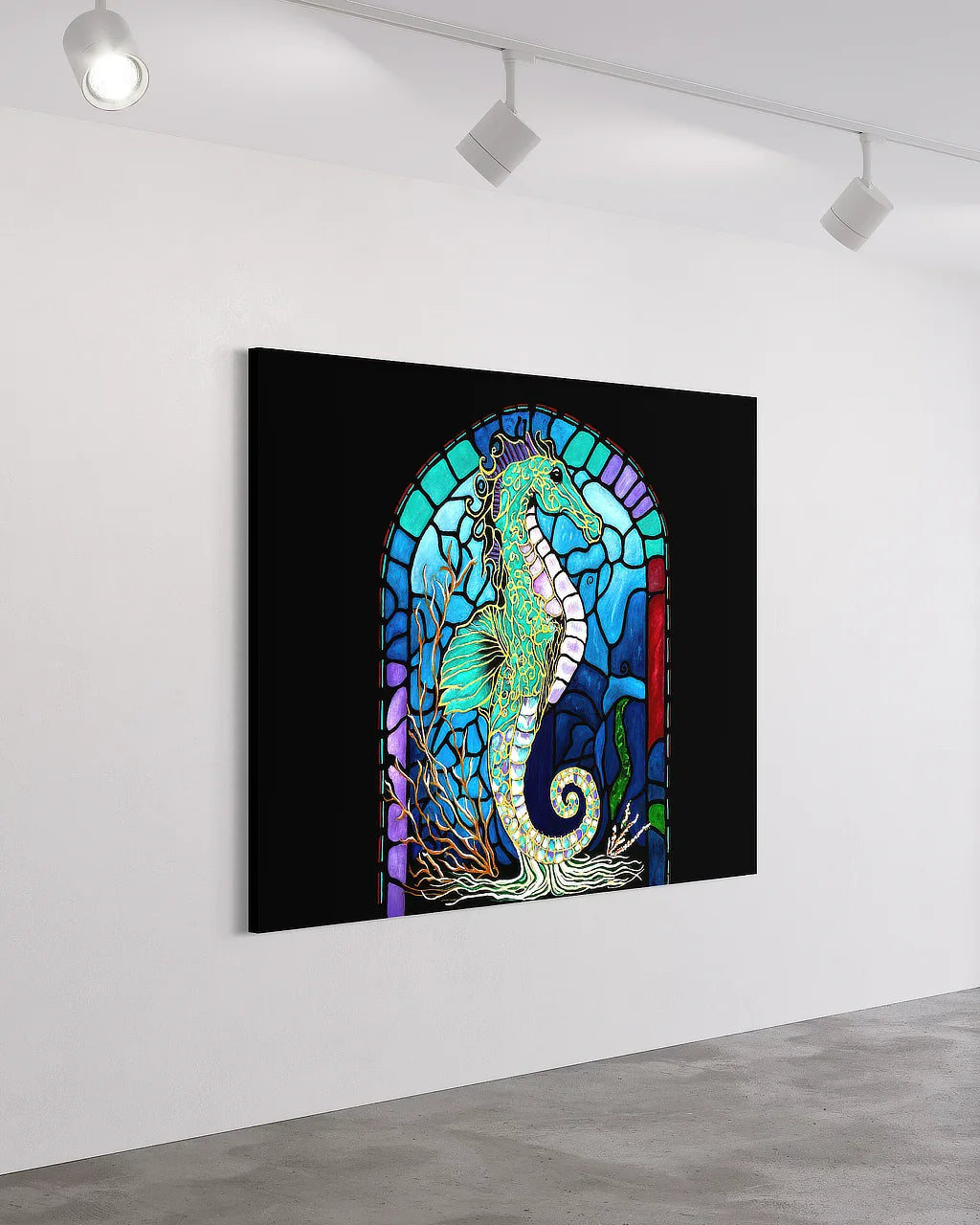 Keeper of the Blue Realm BLACK Canvas Originals museum wrap art print (54x72 inches), on studio wall.