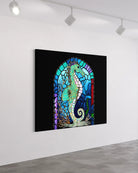 Keeper of the Blue Realm BLACK Canvas Originals museum wrap art print (54x72 inches), on studio wall.