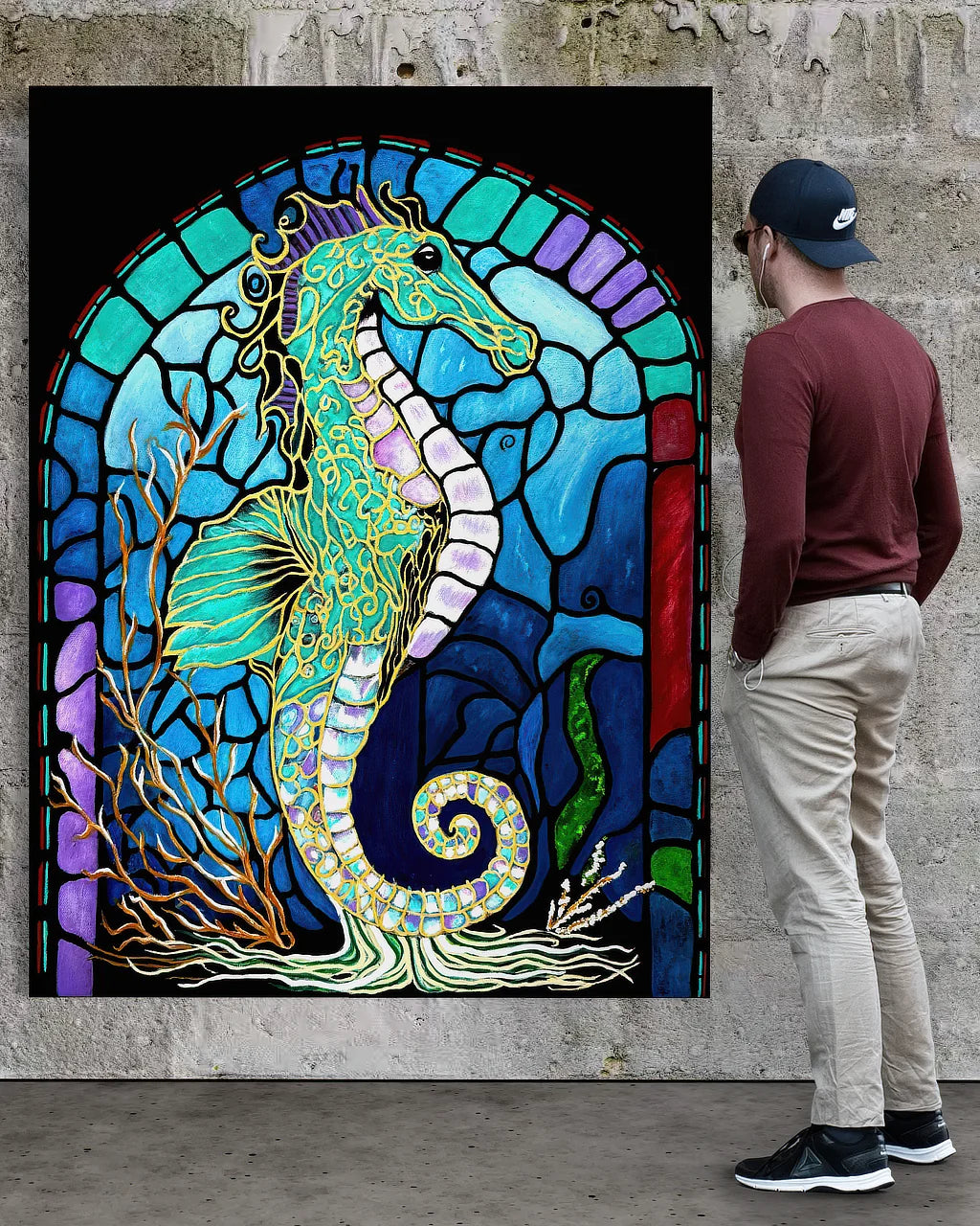 Noah looking at Keeper of the Blue Realm, BLACK Canvas Originals museum wrap art print (72x54 inches), on museum stonewall.
