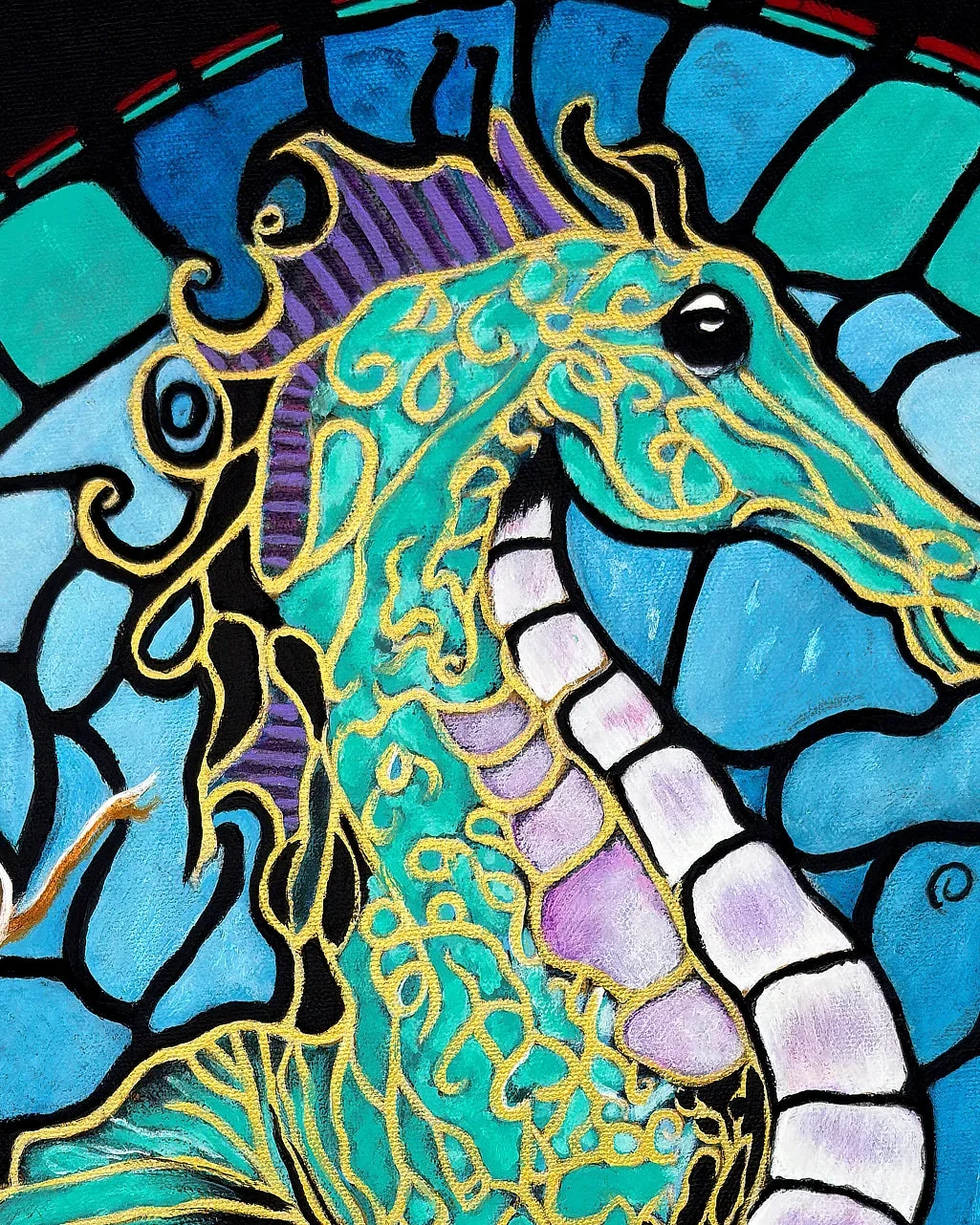 Macro detail of Keeper of the Blue Realm Me BLACK Canvas Originals painting by Sonia Malboeuf, close-up detail.