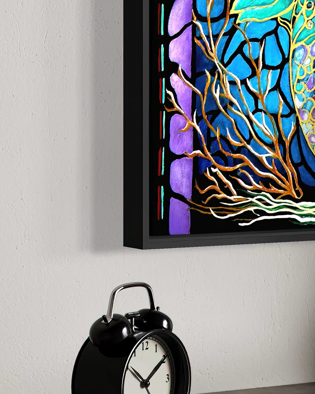 Floating frame detail of Keeper of the Blue Realm BLACK Canvas Originals painting by Sonia Malboeuf, showing float profile.