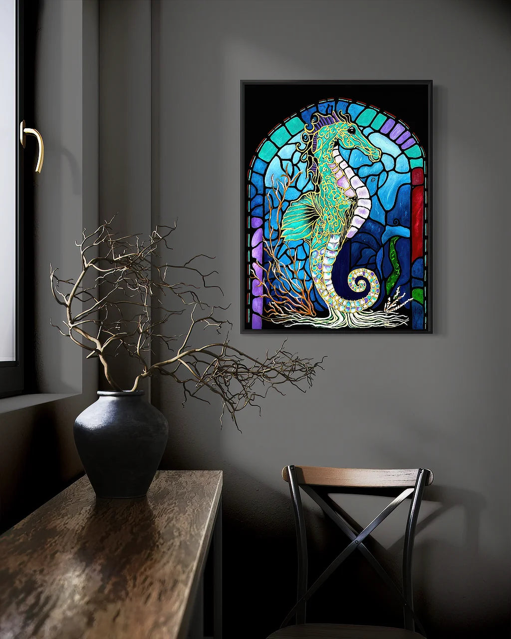Keeper of the Blue Realm BLACK Canvas Originals painting (24x18 inches) by Sonia Malboeuf, in a collector’s home.