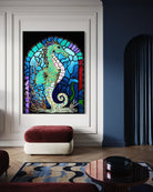 Keeper of the Blue Realm BLACK Canvas Originals art print (72x54 inches), in modern living room.