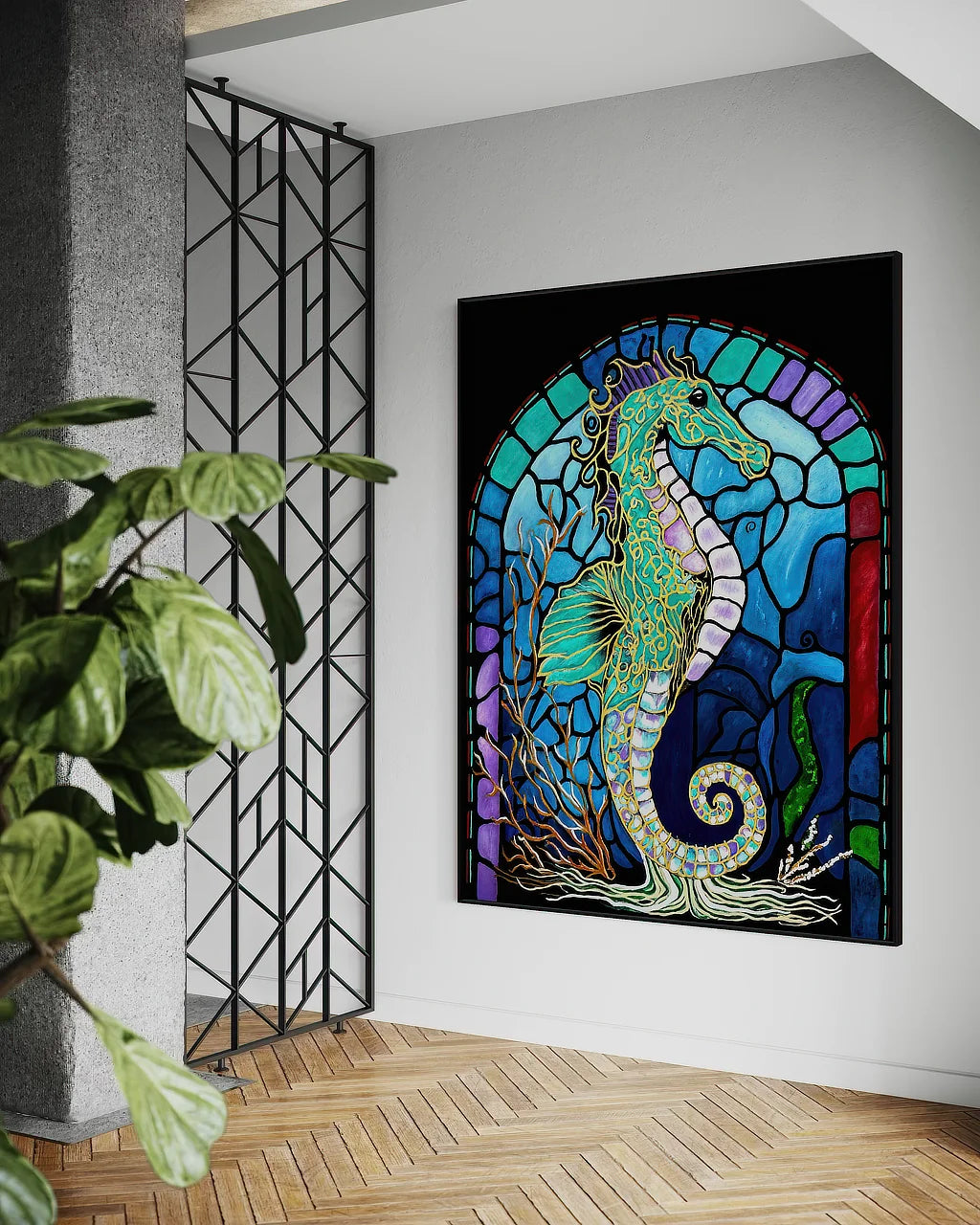 Keeper of the Blue Realm BLACK Canvas Originals art print (72x54 inches), in modern reception area.