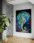 Keeper of the Blue Realm BLACK Canvas Originals art print (72x54 inches), in modern reception area.